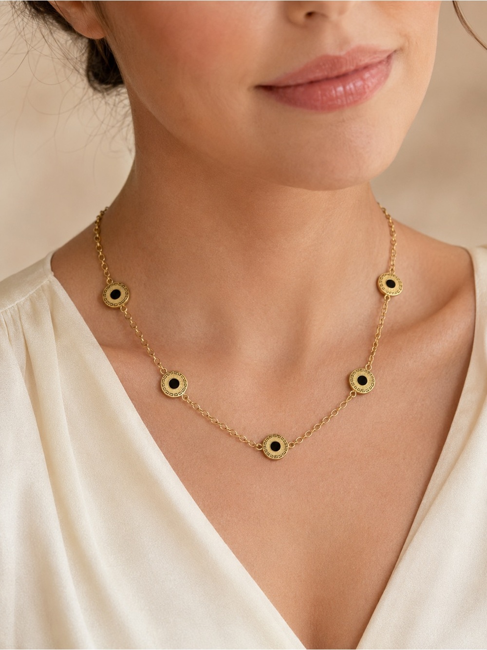 Gold & Black Disc Link Necklace - Women Jewelry Steel 316L